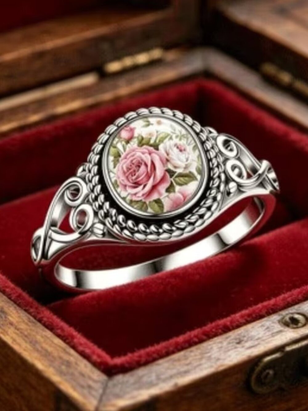 Silver PINK ROSES Ring Size 6
